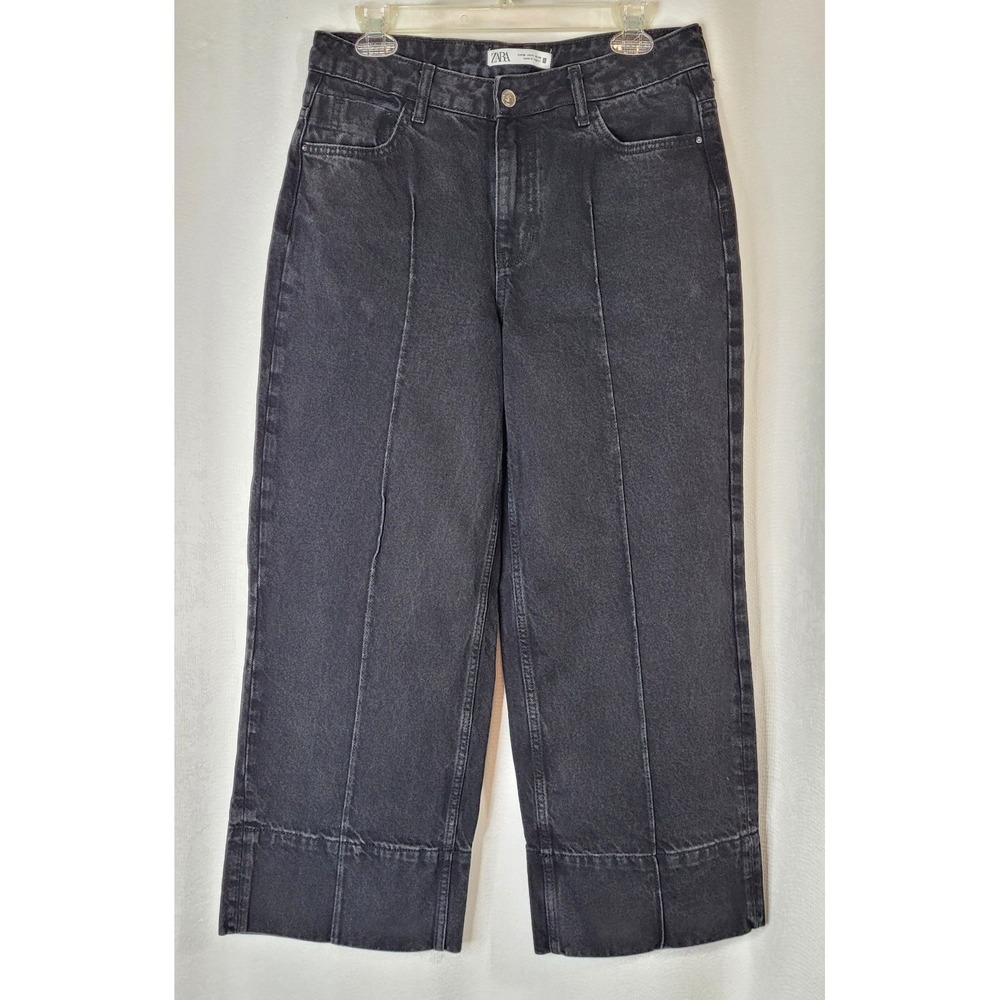 Zara Black Jeans High Rise Cropped Wide Leg Minimalist Casual Pants Size 6